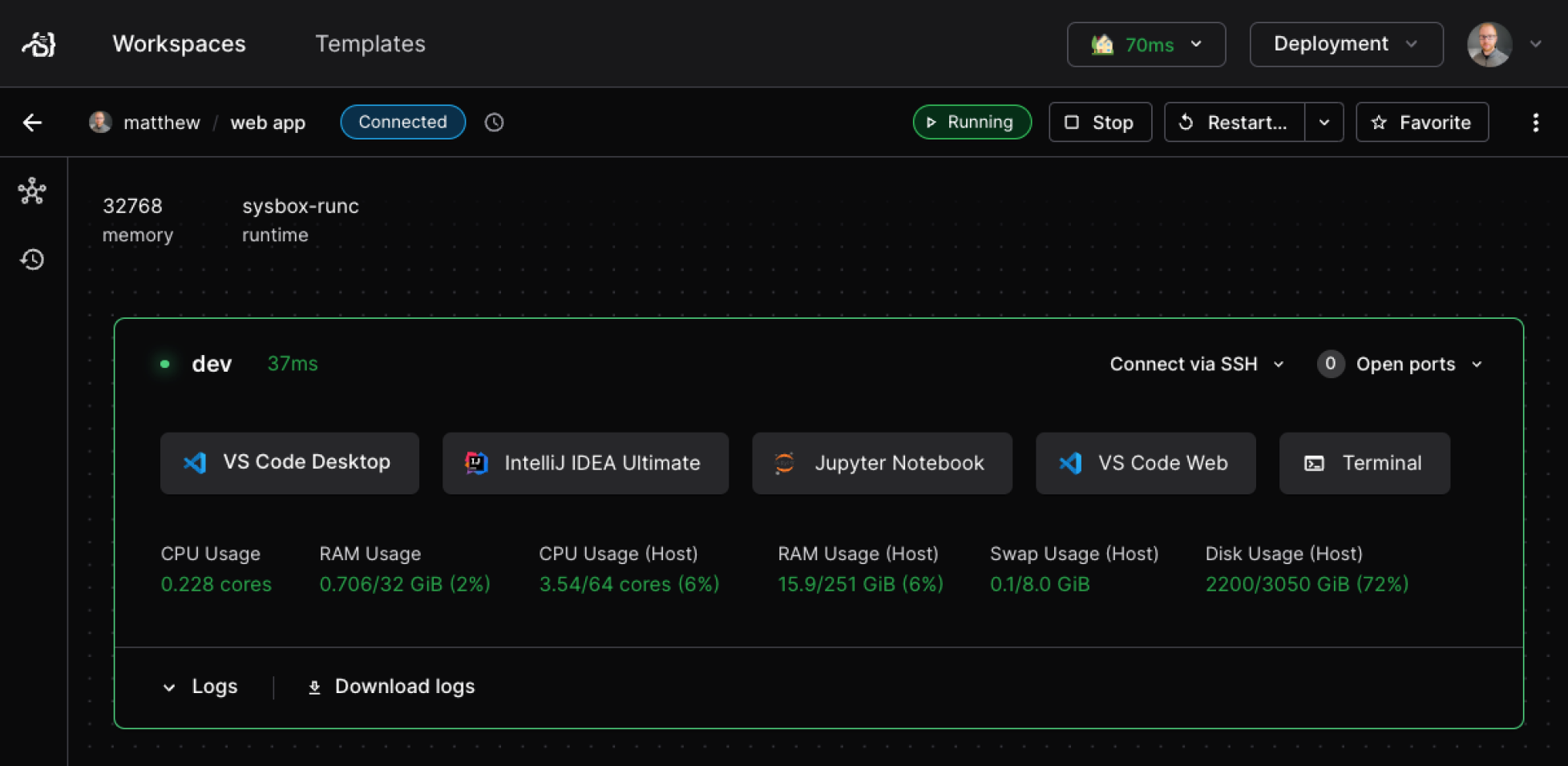 The Coder UI visualizing a workspace