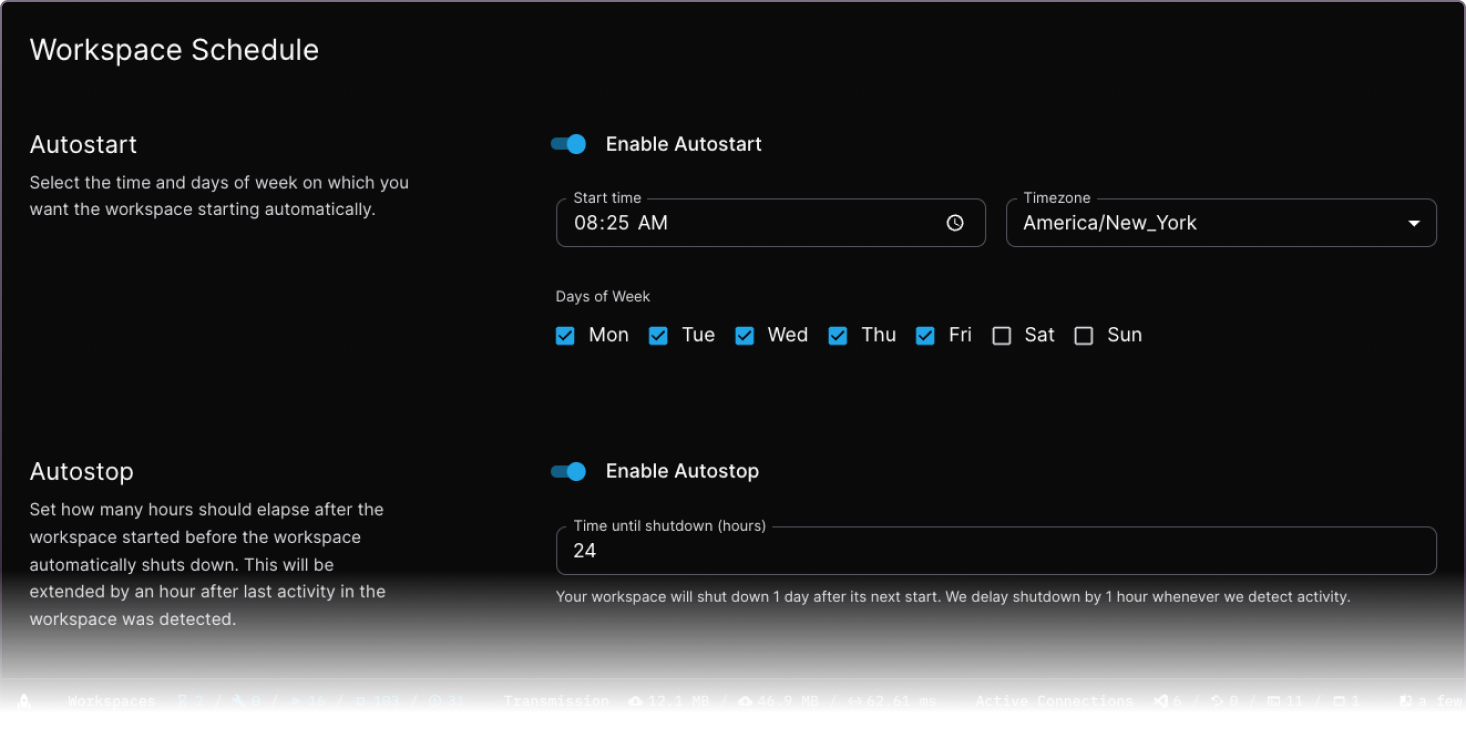 Coder workspace scheduling interface for configuring automatic start and stop times for workspaces