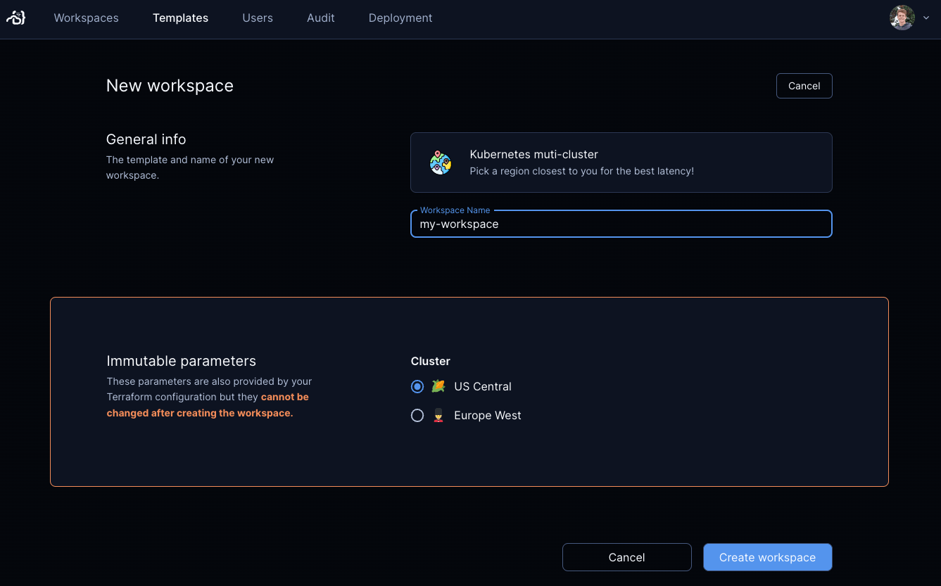 Region picker in "Create Workspace" screen