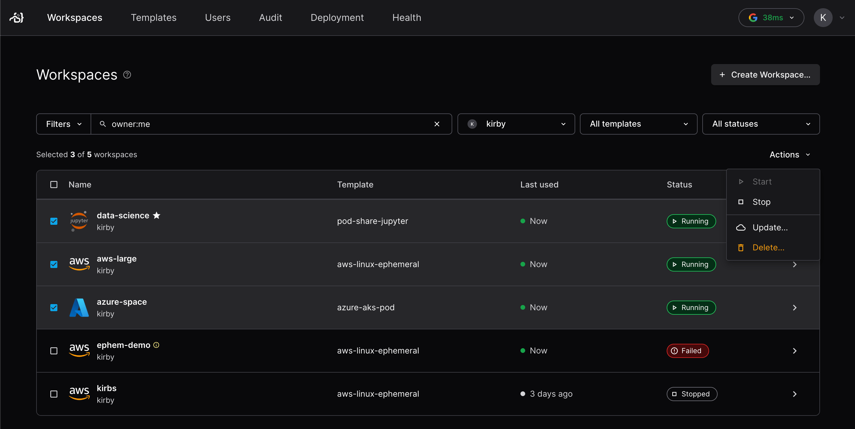 Bulk workspace actions